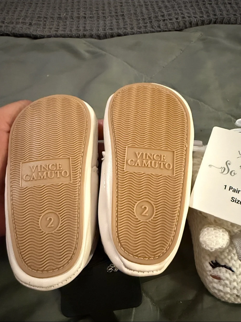 Vince Camuto Cream Baby Moccasins with Scallop Trim and Lace booties